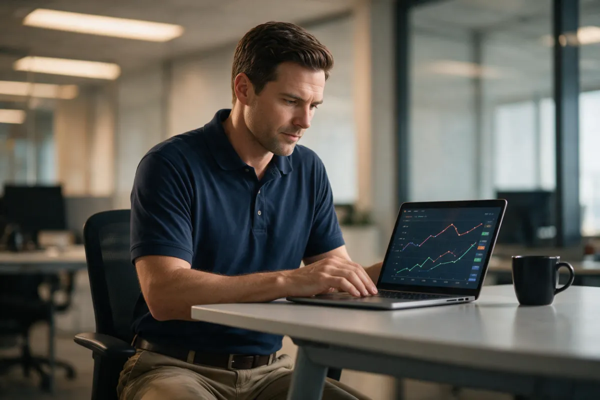HVAC-business-owner-reviewing-financial-charts-on-a-laptop HVAC technician sending automated seasonal reminders for AC tune-ups