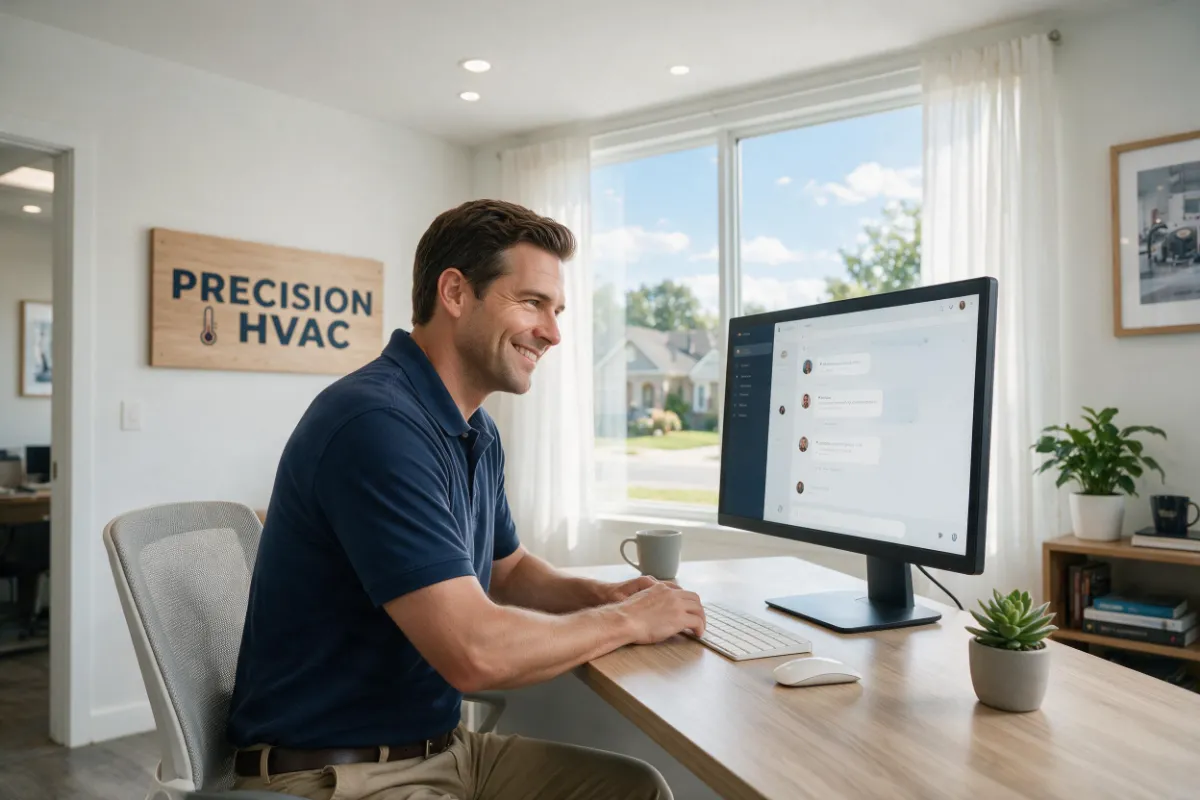 HVAC-business-owner-sitting-in-a-modern-bright-office-smiling-at-a-computer-screen-that-displays-clean-digital-chat-interface-windows Using artificial intelligence to improve HVAC customer loyalty and prevent lost profits