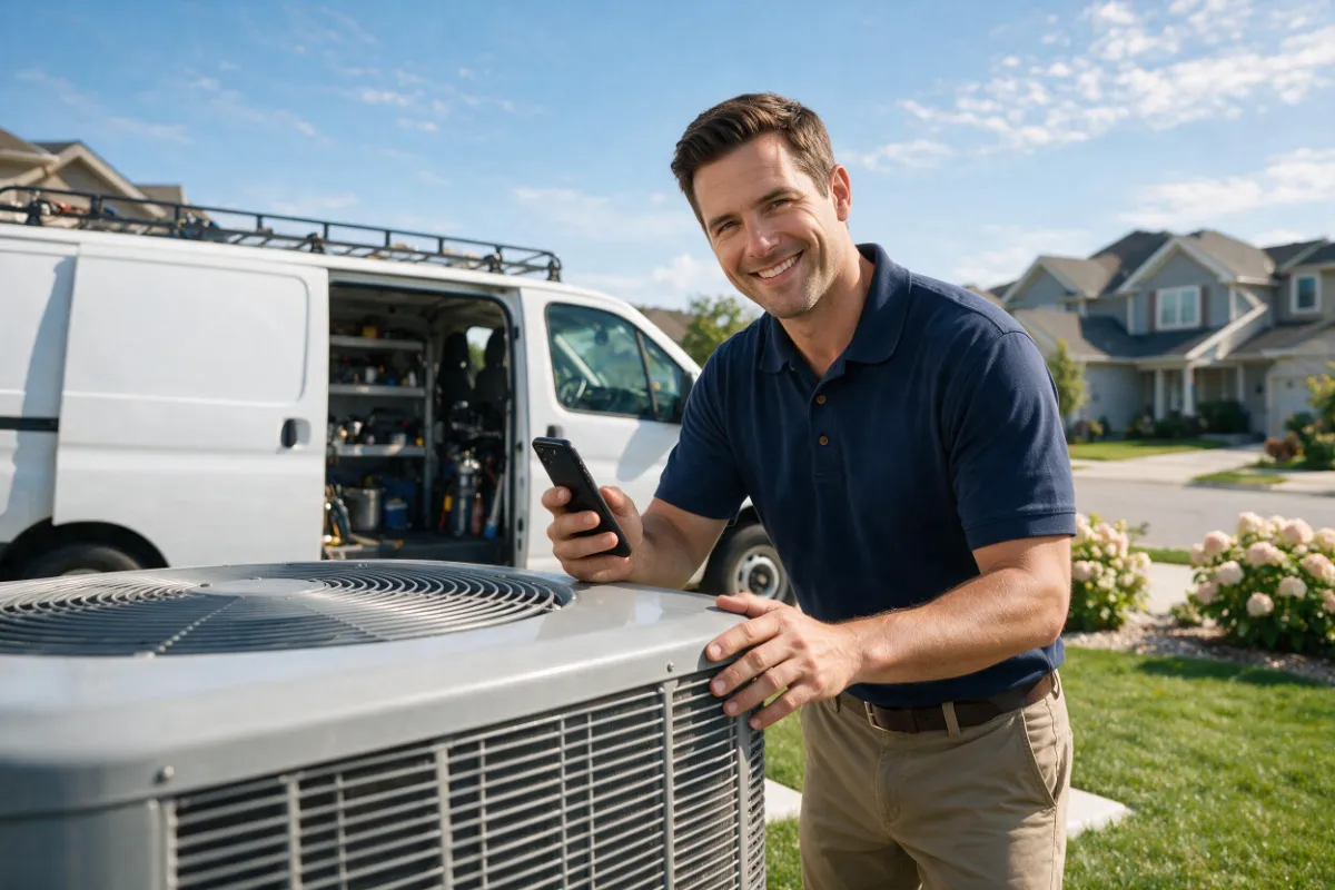 HVAC-technician-in-a-clean-blue-uniform-inspecting-a-modern-outdoor-residential-AC-compressor-unit-while-typing-on-a-smartphone-to-send-an-automated-seasonal-text-message HVAC contractor analyzing the high cost of losing heating and cooling clients