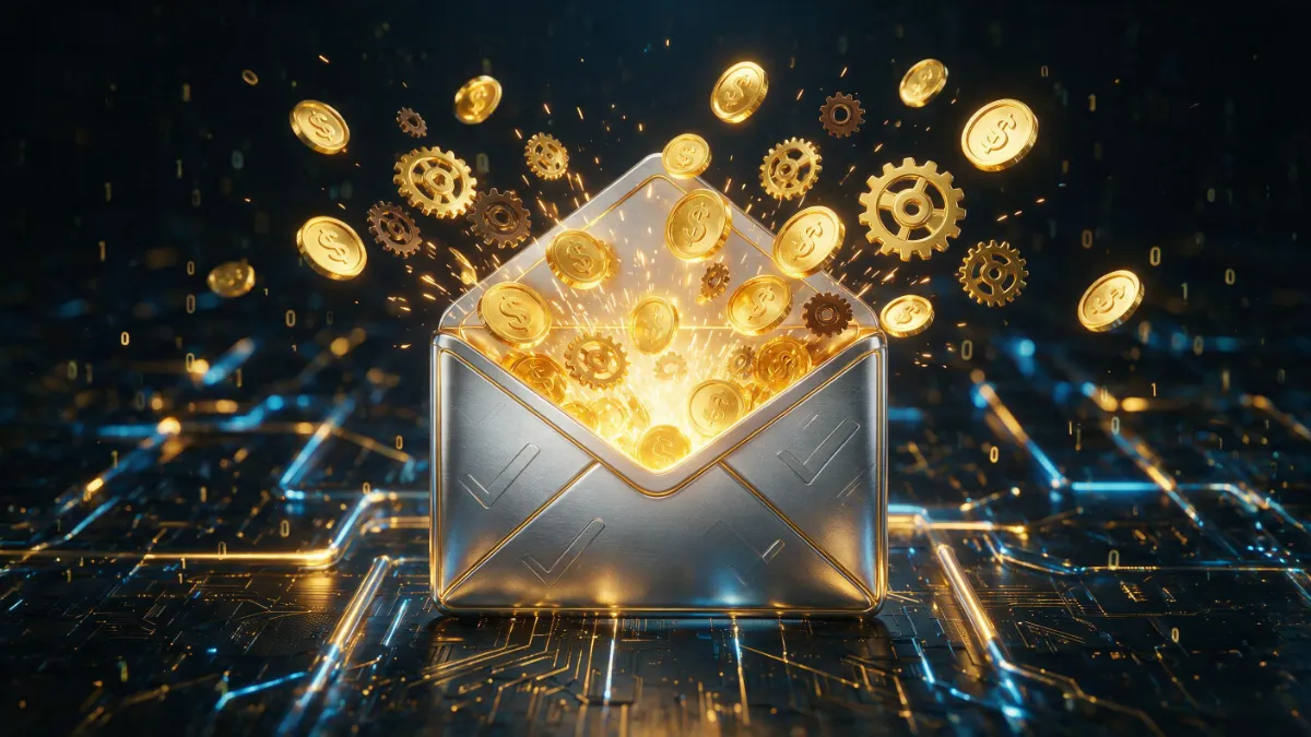 Bursting-Email-Envelope Silver envelope on a digital circuit board bursting with gold coins and gears, showing email marketing automation success