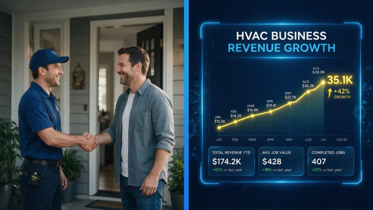 HVAC-Business-Revenue-Growth HVAC technician shaking hands with a customer next to a chart displaying HVAC business revenue growth and key metrics.