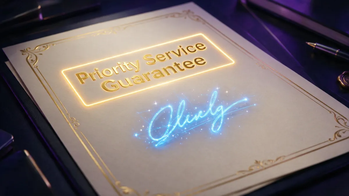 HVAC-Priority-Service-Guarantee Glowing gold HVAC priority service guarantee document with a digital blue signature on a dark desk.